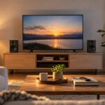 Televisor flanqueado por dos altavoces activos en un salón