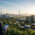 Analista ambiental observando un campus empresarial con industria, oficinas y energías renovables