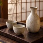 Jarra japonesa de cerámica para sake y dos pequeños vasos sobre una bandeja de madera, con una celosía desenfocada al fondo.