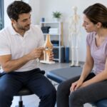 Fisioterapeuta explicando una rodilla con un modelo anatómico